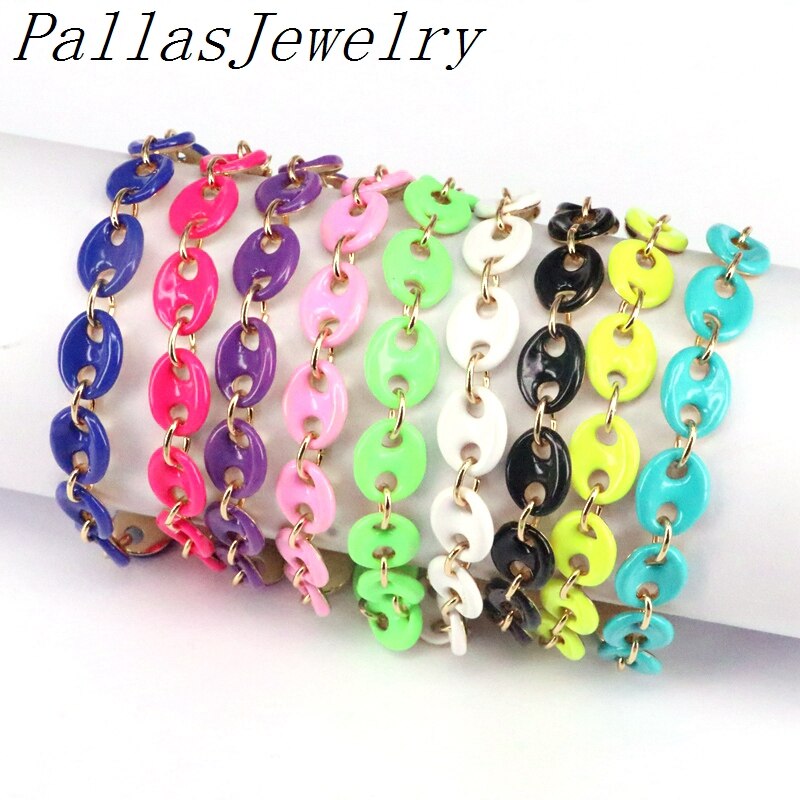 Bracelet de chaîne en forme de nez de porc fait à la main en émail coloré de 3 pièces, Bracelet de chaîne en émail de lien en métal plaqué or, de bijoux de fête