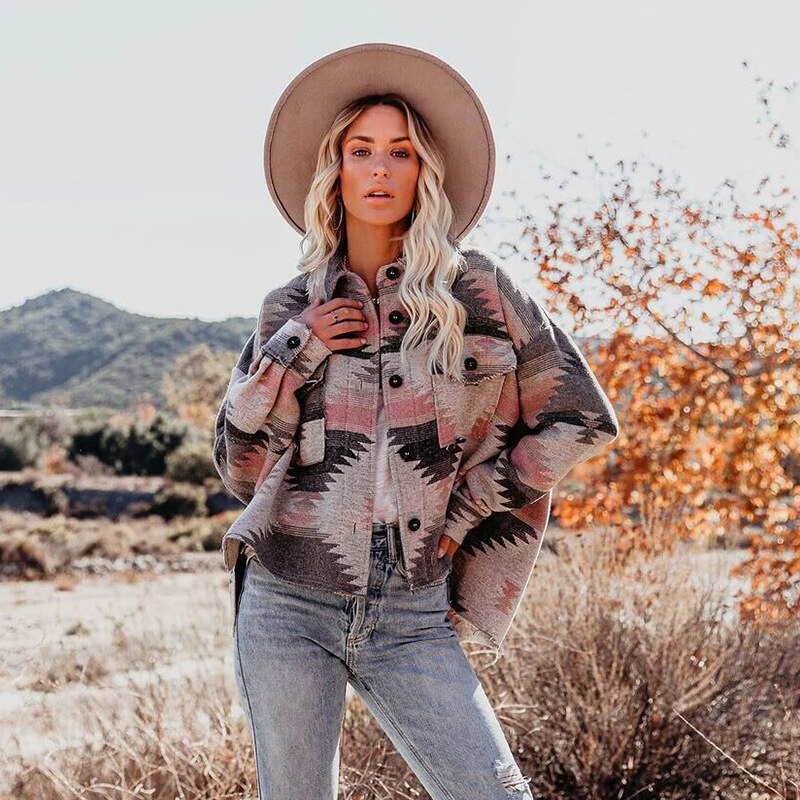 Vintage Jacket Women Splicing Loose Jacket Denim Print Aztec Retro Ethnic Style Long Sleeved Shirt Streetwear Female Goth Coat: pink / S