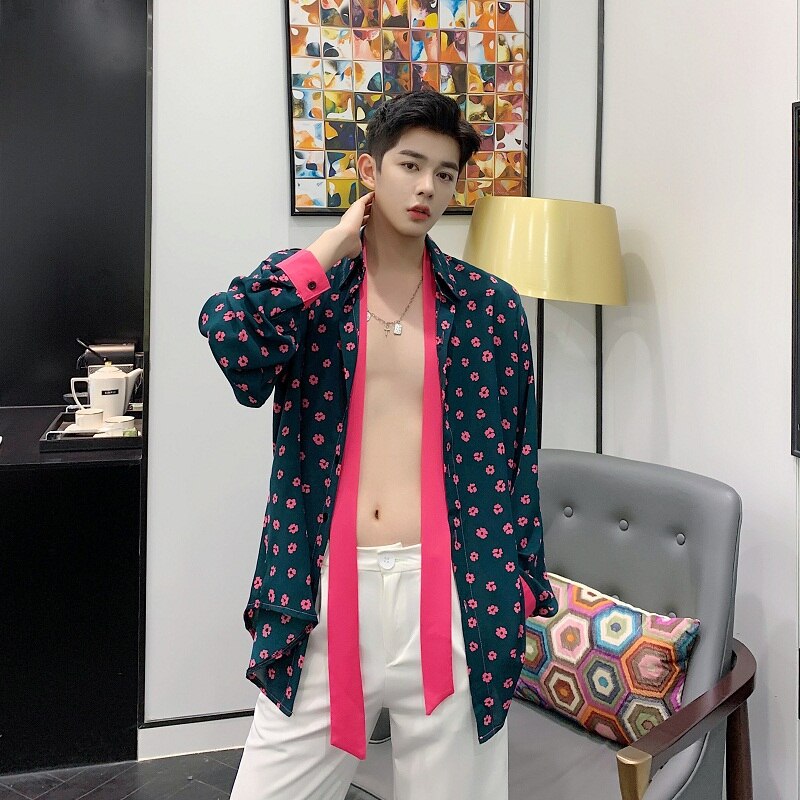 Mannen Roze Strikje Oversized Shirts Casual Bloemen Lange Mouw Blouse Vrouwen Harajuku Elegante Mode Groen Shirt Camisa Masculina