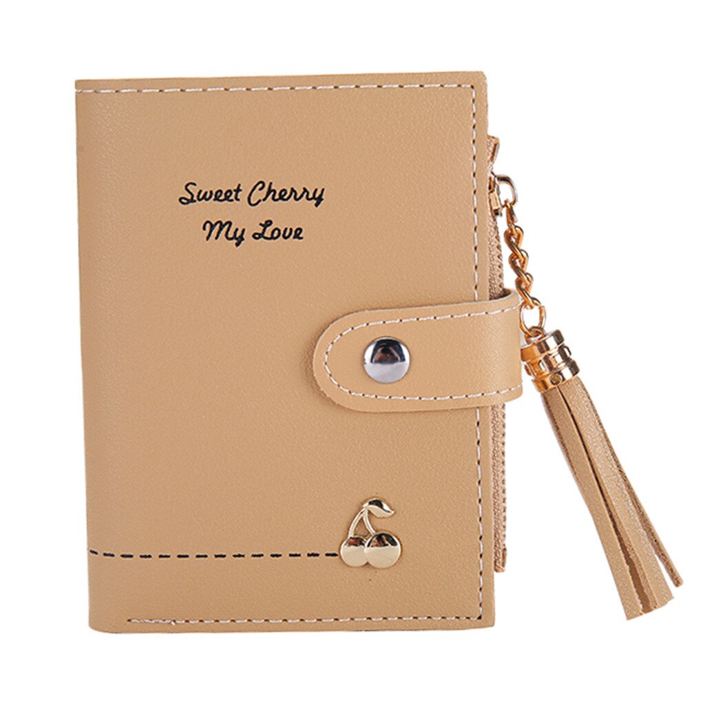 women's tassel zipper short wallet female solid color casual leather purse card bag handbag clutch bag billeteras mujer: Beige 