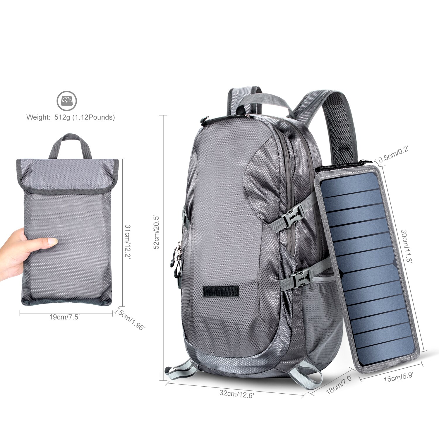 Solar Rugzak Opvouwbare Wandelen Dagrugzak Met 5V Voeding 6.5W Zonnepaneel Opladen Voor Mobiele Telefoons