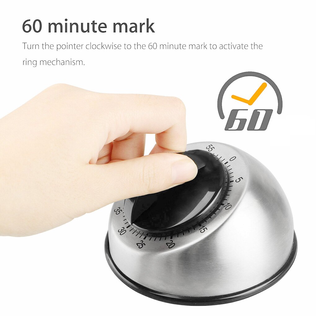 Cooking Wind Up Timer 60-Minute Kitchen Bell Alarm Clockwise Mechanical Countdown Timer Stainless Steel