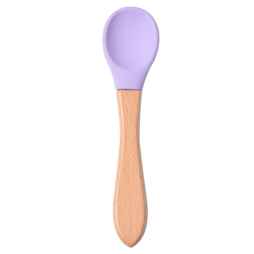 Cuchara de madera de silicona para alimentación de bebé, cuchara de punta suave, Material de grado alimenticio, mango, vajilla, utensilios para niños pequeños,: purple