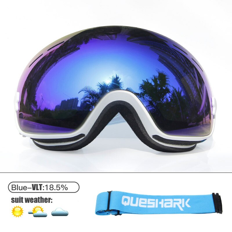 Queshark Mannen Vrouwen Skibrillen Dubbele Lagen UV400 Anti-Fog Grote Ski Masker Skiën Bril Sneeuw Snowboard Goggles Eyewear met Zak: White Blue