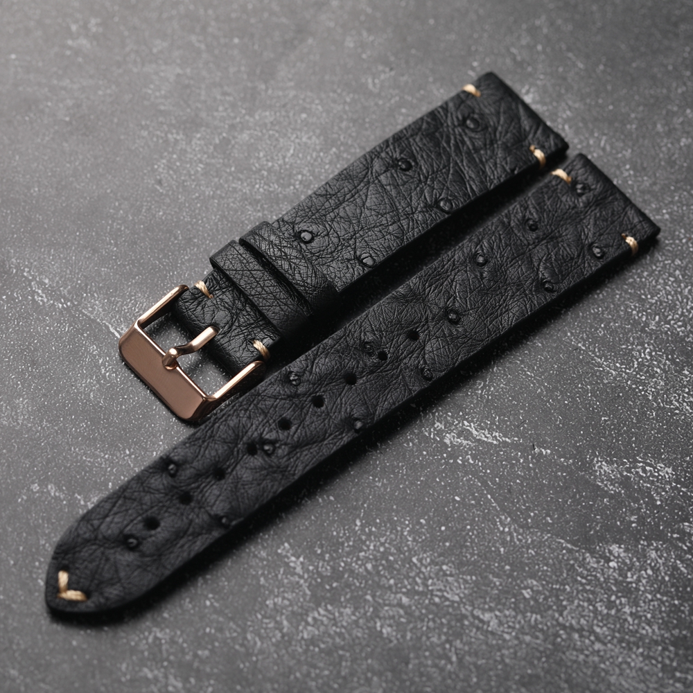 Bracelet de montre en cuir d'autruche Ultra-fin fait à la main 18 19 20 21 22MM Bracelet souple noir pour hommes Bracelet en cuir de Style Vintage: BLACK WHITE / 24mm