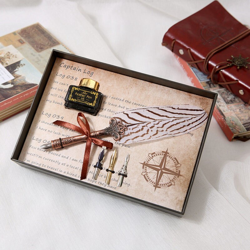 Pluma de pluma antigua clásica de 10 estilos, pluma de escribir de Metal con caja de bonita, de Navidad y boda, pluma estilográfica: Luxury suit - H