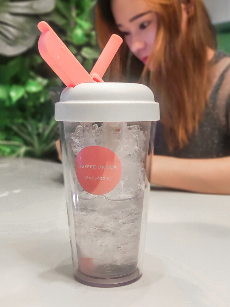Ins 420ml dubbla lager återanvändbar kaffekopp mjölk te smoothie halmkoppar utomhus dricksflaska resemugg med borste
