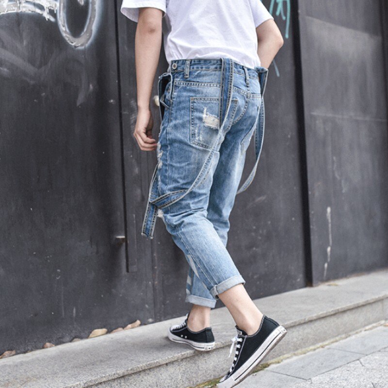 Harajuku big boy slim fit hole overalls one piece herre ripped cargo jeans retro vaskede denim jumpsuits lommer hombre bukser