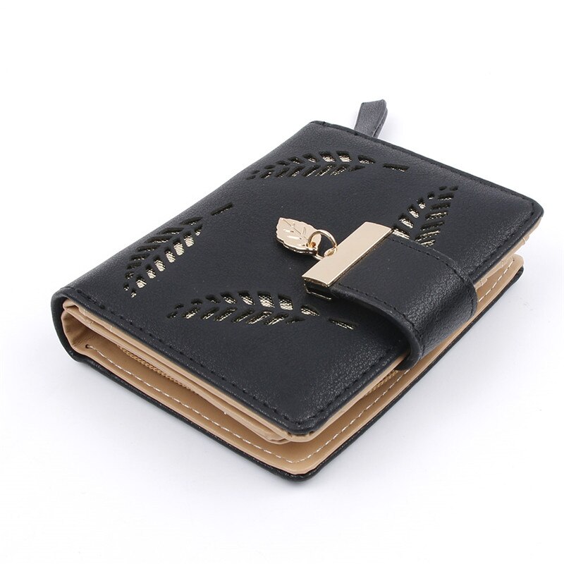 cuir PU femmes portefeuille fermeture éclair moraillon creux dame court sac à main feuille rétro portefeuille Photo porte-carte sac: black