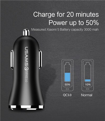 USAMS Fast Phone Car Charger Quick Qualcomm2.0 3.0 Car Charger For Samsung Xiaomi iPhone Universal Car USB Charger