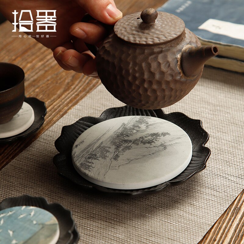 Absorbent ceramic dry brewing table, small tea tray, round lotus, Zen purple clay pot, teapot base, pot holder
