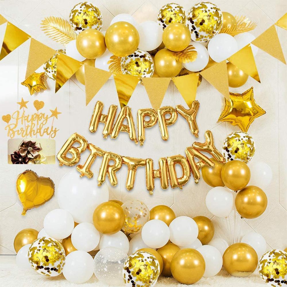 Gold birthday party decoration happy birthday banner balloon gold triangle logo bunting heart star confetti balloon cake top hat