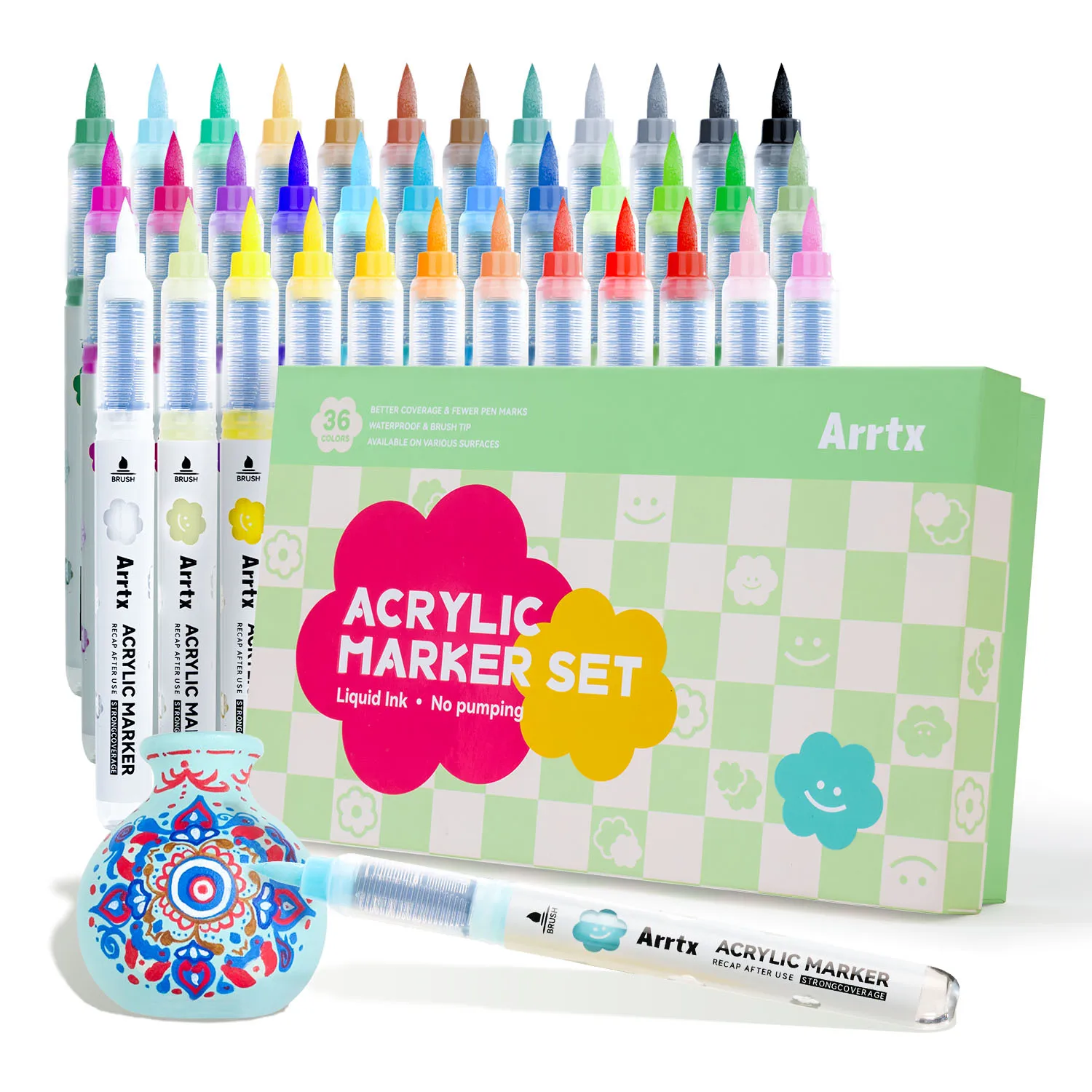 Arrtx Farbmarkierungsstifte, 36 Farben, permanente Acrylmarkierung, Pinselspitze zum Zeichnen, Stein, Keramik, Glas, Holz, Kunststoff, Metall: Default Title