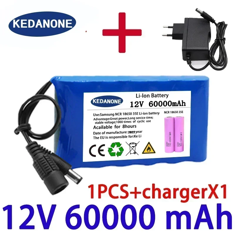 3S2P 100000mAh 12V 18650 battery monitoring Portable large capacity lithium-ion battery BMS LED lights+charger: Gold
