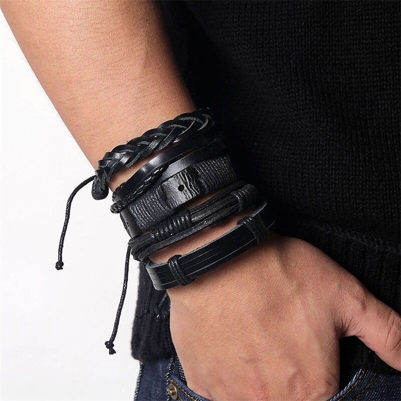 Wood Bead Male Multilayer Leather Bracelet Men Braided Rope Wrap Bracelets Bangles Pulseira Masculina Jewelry Pulsera: S323