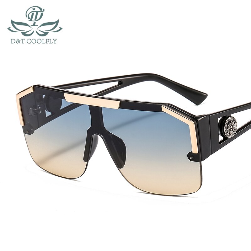 D&T Shield Sunglasses Men Women Color Lens Alloy Frame Rectangle Brand Sunglasses UV400: black-green yellow