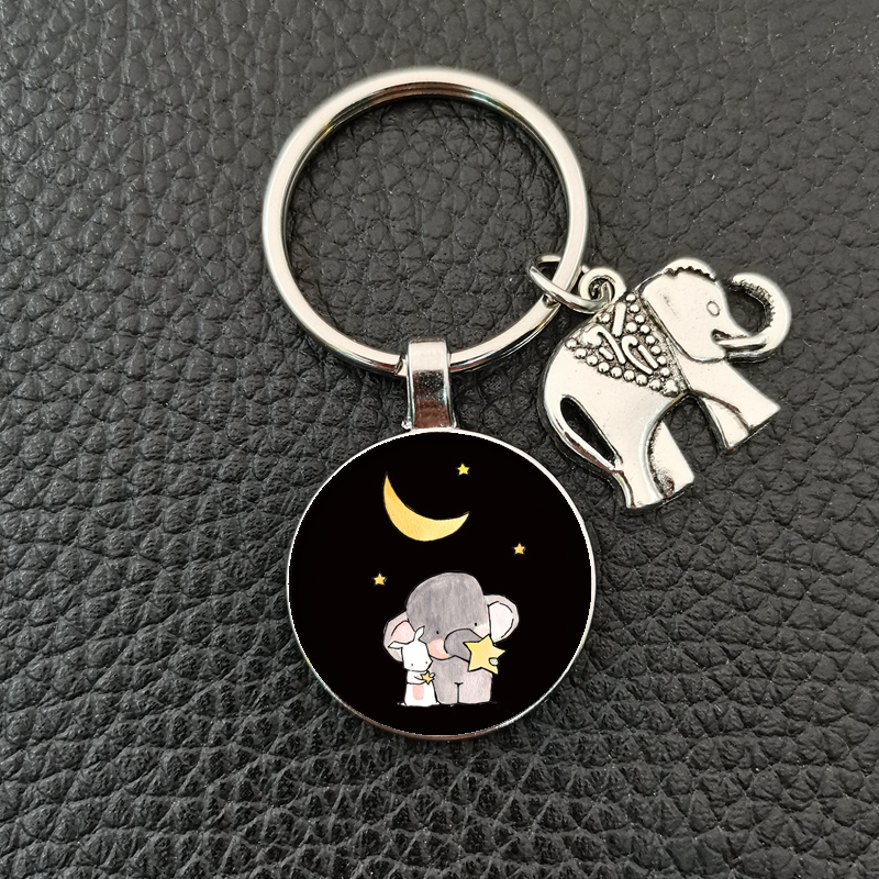 , llavero redondo convexo de cristal con de elefante y elefante bebé hecho a mano, llavero de coche, accesorios de boutique