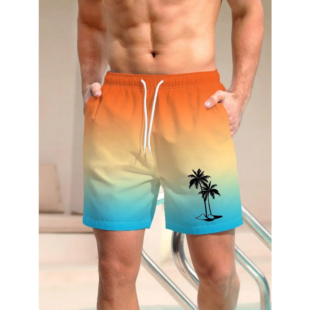 Calções de banho masculinos com estampa de coqueiro 3d, shorts de natação, verão, macio e respirável, poliéster, praia, surf