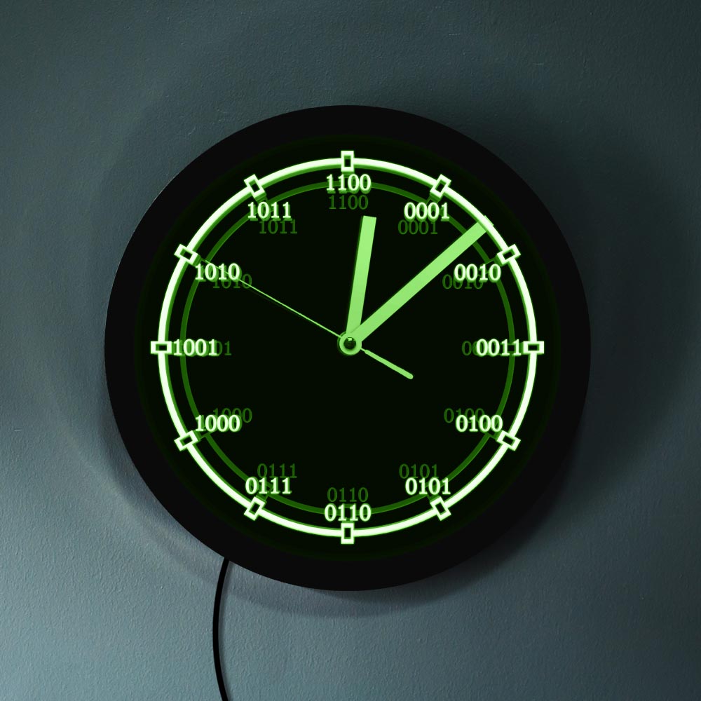 Binær kode ledet neonskilt vægur moderne stille ur med baggrundsbelysning matematiske tal ligning f lærere reloj pared