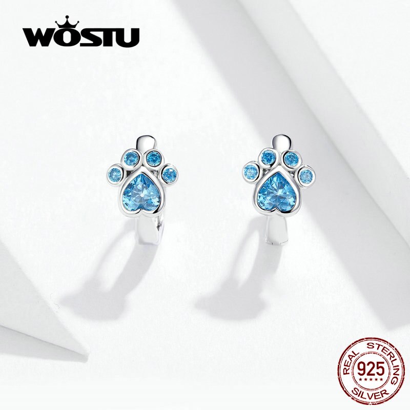 WOSTU Dog Paw Footprint Hoop Earrings 100% 925 Sterling Silver Blue Zircon Wedding Engagement Earrings For Women Jewelry CQE670