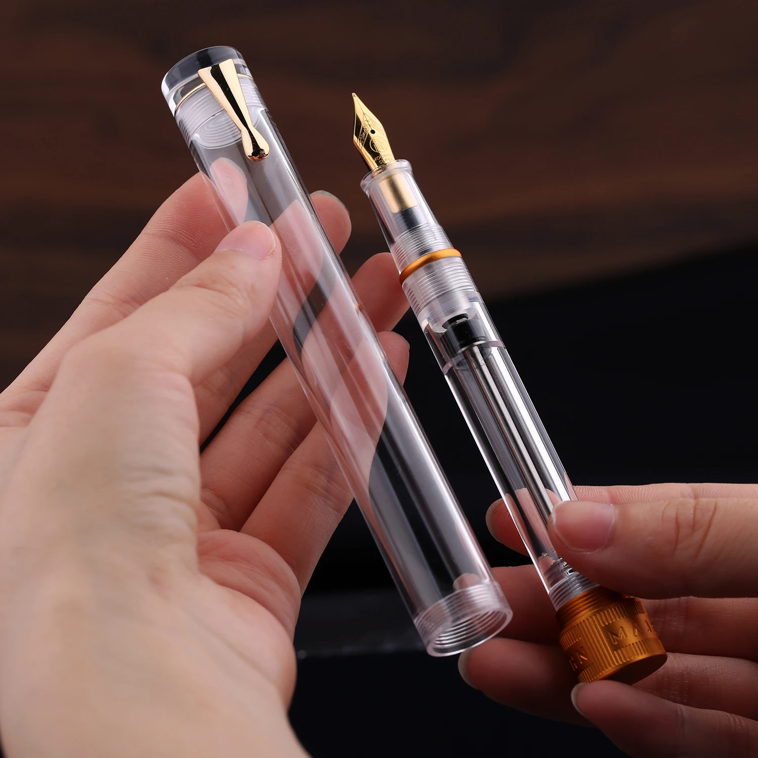 Majohn V1 Vacuum Filling Fountain Pen EF/F/M/ Bent Nib, Transparent Resin Golden/Silver Clip Demonstration Writing Pen