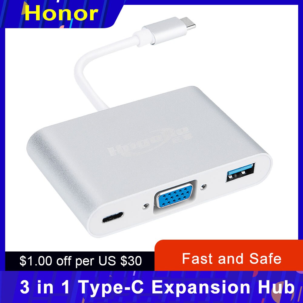 Concentrador de expansión tipo C 3 en 1, adaptador USB C a USB3.0/VGA/tipo-c, 1080P, reemplazo del Convertidor para Mac/Huawei/Samsung