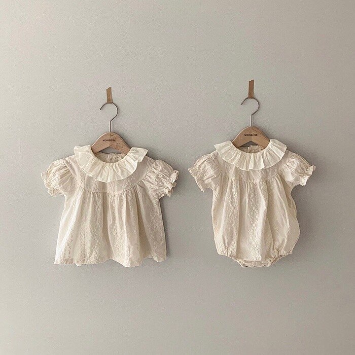 Chemise à manches bouffantes en coton pour -né fille, hauts d'été à la avec col en feuille de Lotus,