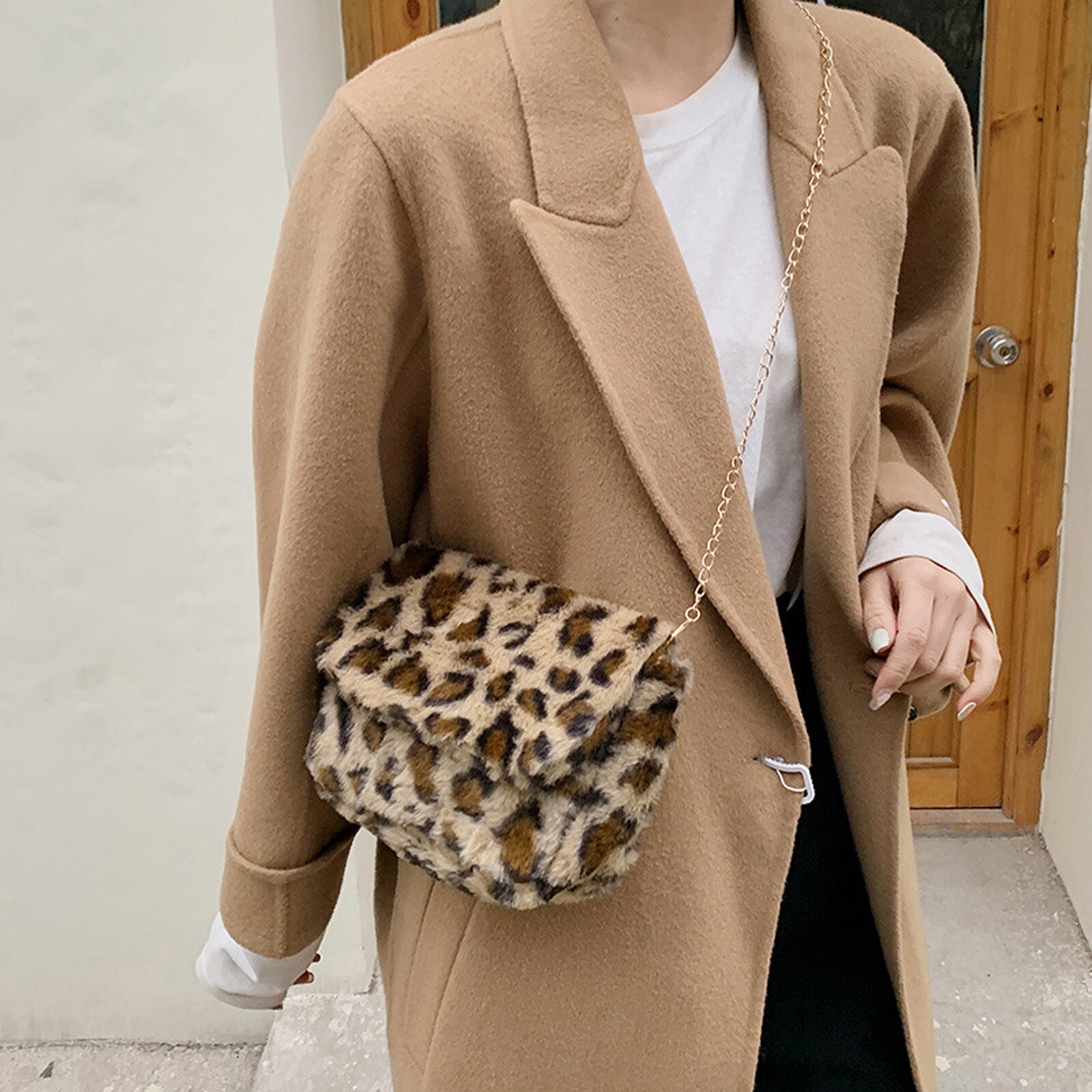 Novo design de pelúcia bolsa feminina 2020 novo inverno mão mais quente saco aleta moda leopardo impressão crossbody bolsa de ombro