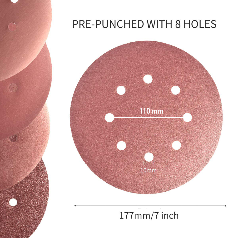 10Pcs 7 Inch Sanding Disc 8 Hole Hook and Loop 40-180 Grit Flocking Sandpaper For Grinder Random Orbital Sander Paper