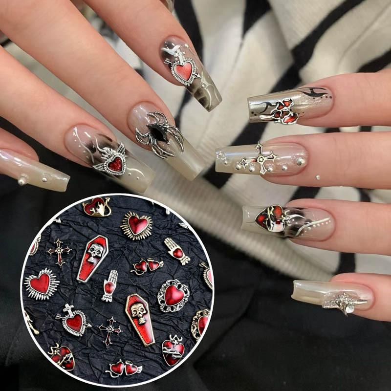 Nuevos dijes de aleación Retro para uñas con forma de corazón, Cruz de Metal 3D, calavera, prensa francesa, accesorios de decoración para uñas, manualidades DIY Y2K
