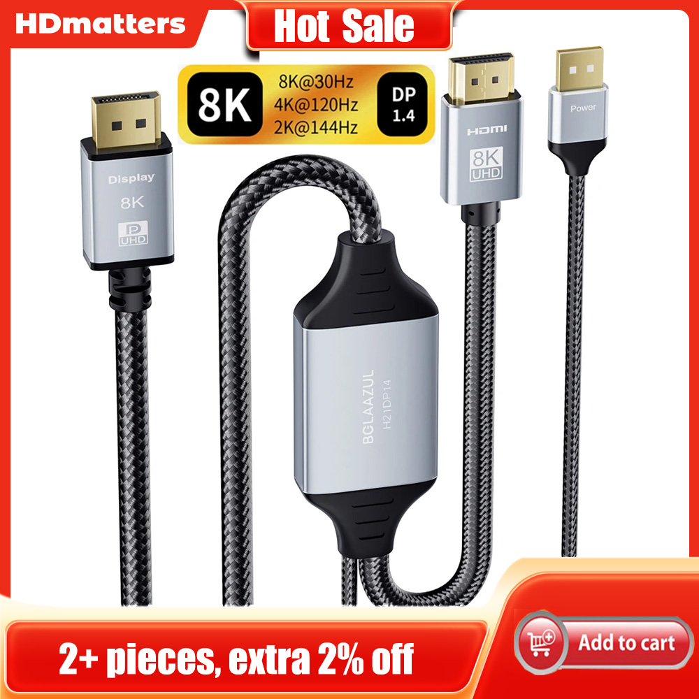 Actieve 8K HDMI 2.1 naar Displayport 1.4 kabel 4K HDMI naar Displayport 144Hz converteradapter HDMI 2.1 in naar Displayport DP 1.4 uit