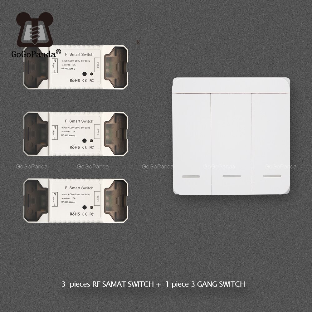 Smat 1/2/3 Gang Push Light Switch Wireless Control 110v 220v Receiver Panel Button Wall Lamp RF On/off Interrupter Device: 3 RF with 1 3G