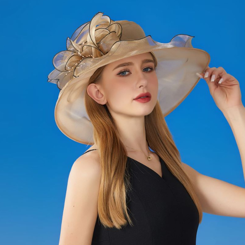 Chapéu de aba larga de organza vintage para mulheres novo vestido de igreja chapéu de casamento de noiva malha floral chapéu de sol festa praia bonés: Prateado