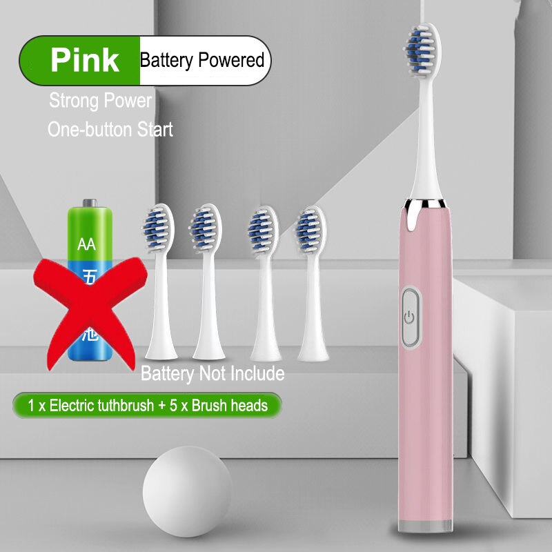 Electric Toothbrush Battery Power Washable Whitening Relax Teeth Brush Ultrasonic Electric Toothbruth USB Rechargeable Adult: Pink 5 head