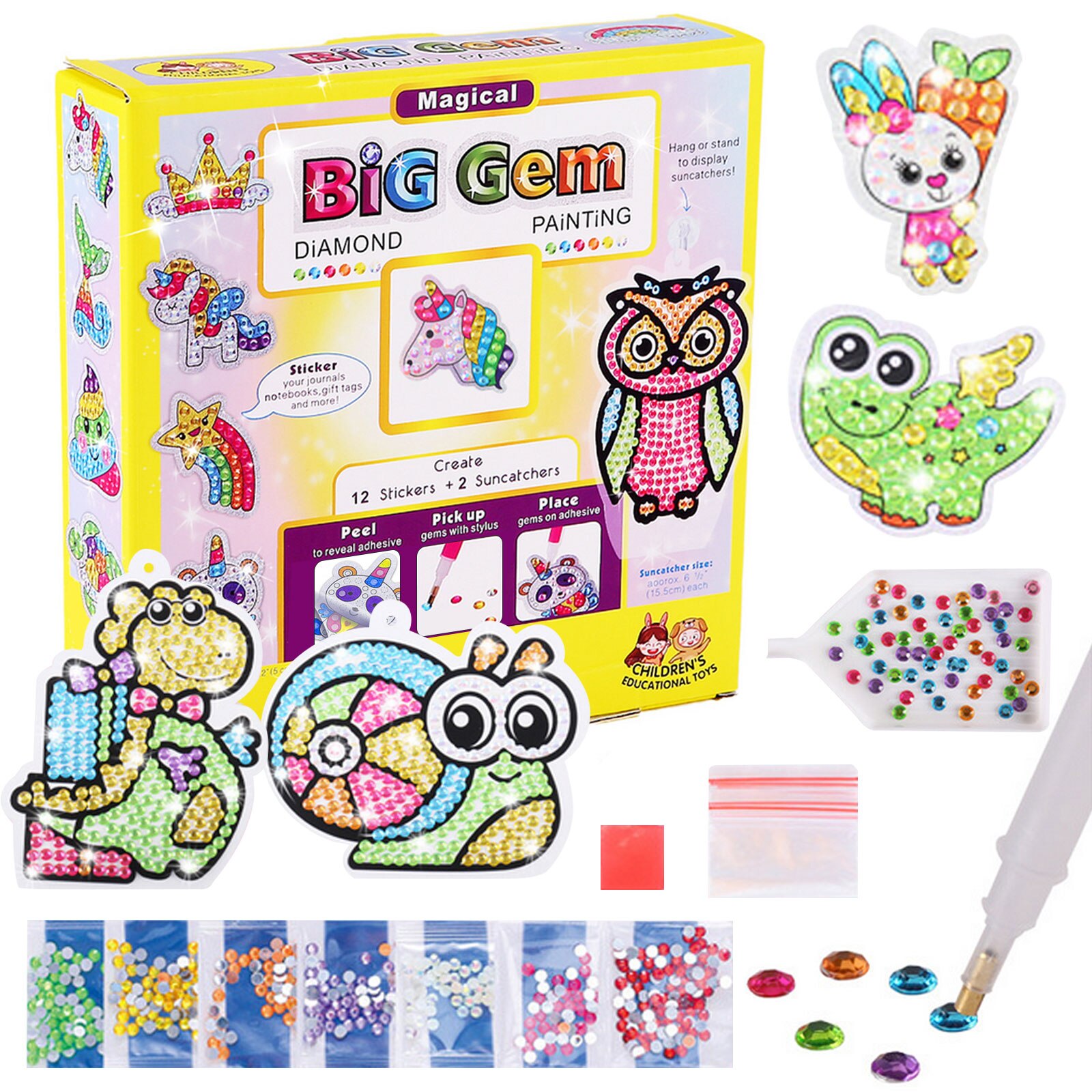 Gem Diamond Painting Kit for Kids Including 12 Stickers and 2 Window Ornaments DIY Paint Arts and Crafts Supplies for Boys Girls: Style C