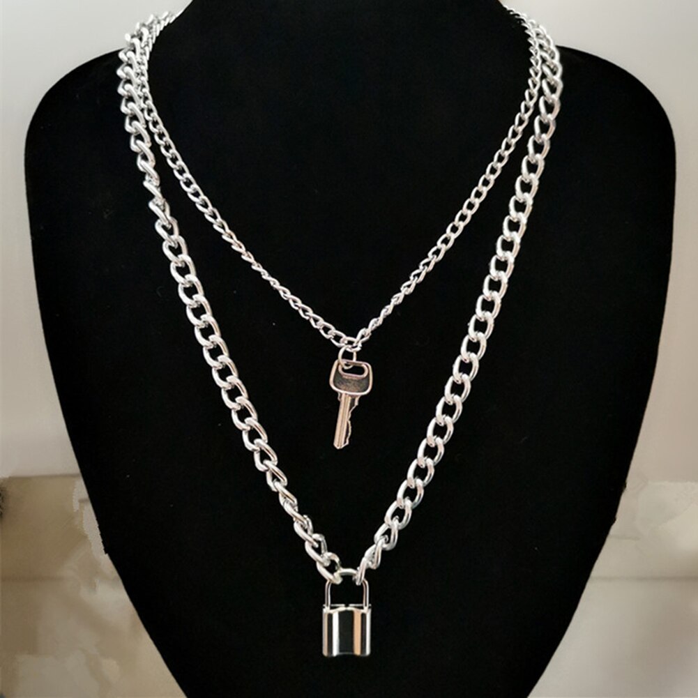 Punk retro metal nøglelås vedhæng halskæde kvindelig sølv farve lang kæde kraveben halskæder til kvinder hals smykker: Sølv lås nøgle
