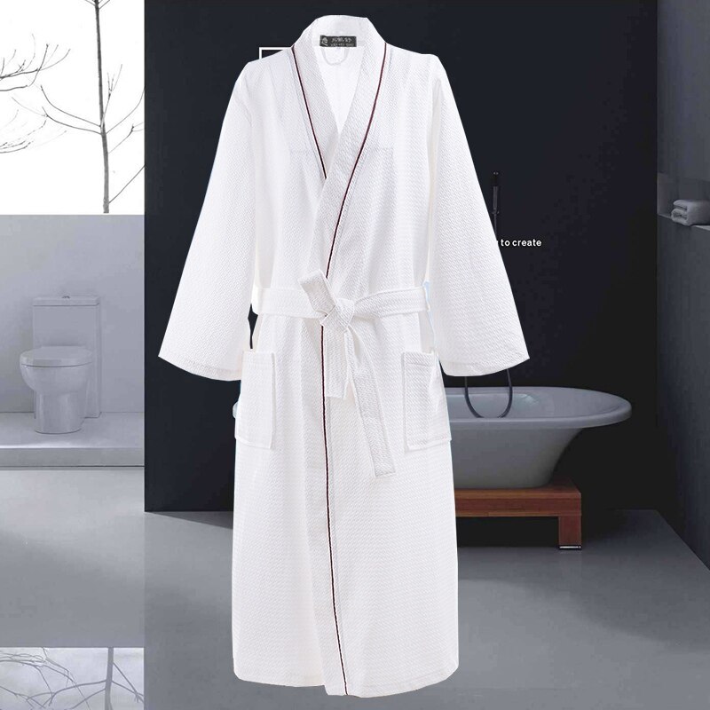 Vaffel 100%  bomulds badekåbe mænd langærmet herre morgenkåbe sved fordampe par kimono badekåber hotel spa badekåber morgenkåbe: Hvid-rød streg / Xl