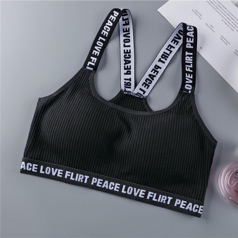 Brev teenager piger sports bh'er bomuld lille vest kvinder tanks jogging gym yoga undertøj teen træning cross back bh'er: Sort