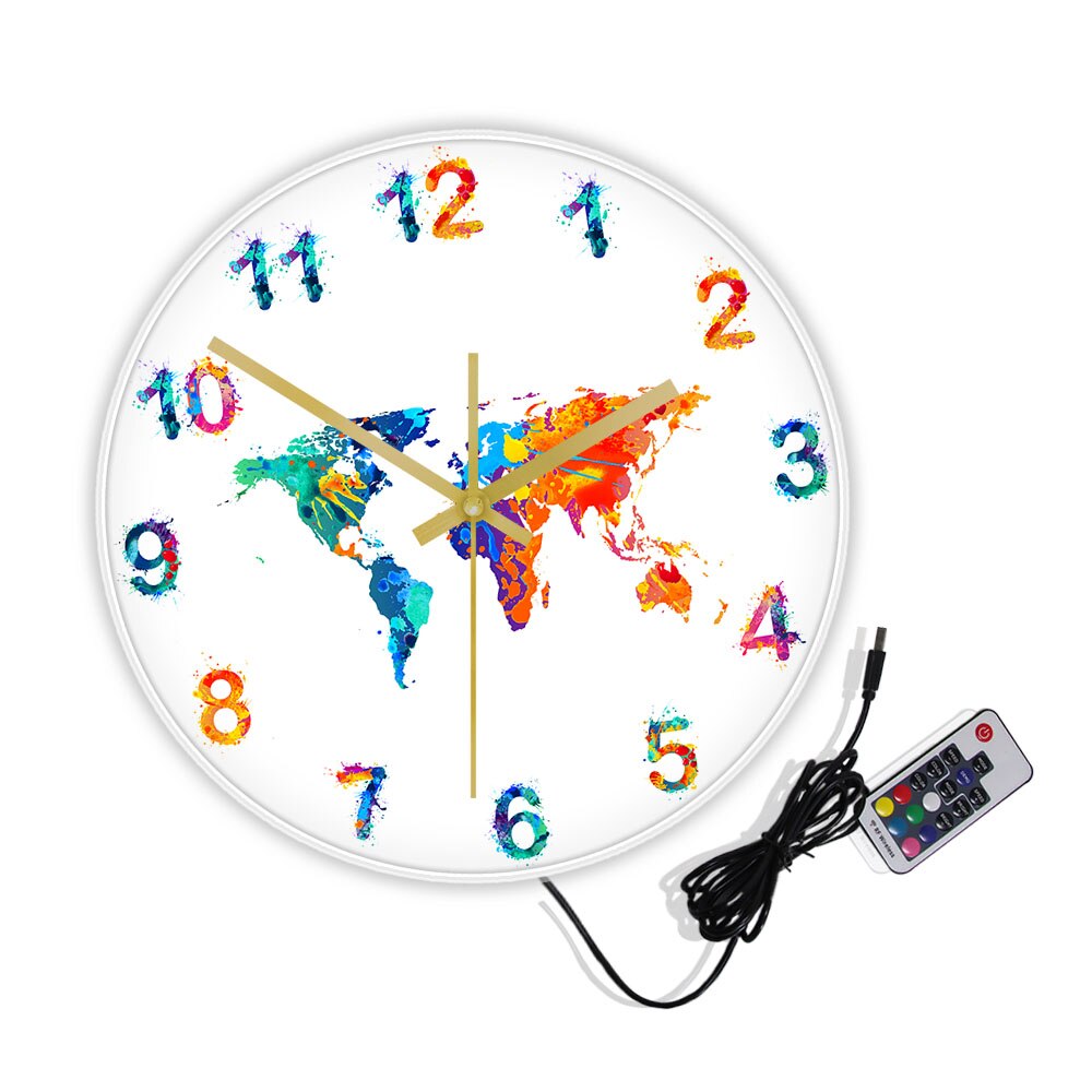 Quaddel Karte Aquarell Dekorative Stille Wanduhr Flache Erde Minimalistischen drucken Digital Kunst Hängen Zauberstab Uhr für Traveler