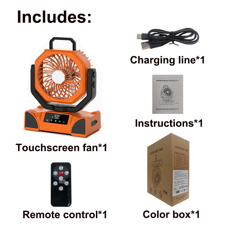 Bureauventilator met verlichting, campingventilator met verlichting, oplaadbare draagbare circulatieventilator, draadloze plafondventilator met powerbank, led-verlichting: Oranje