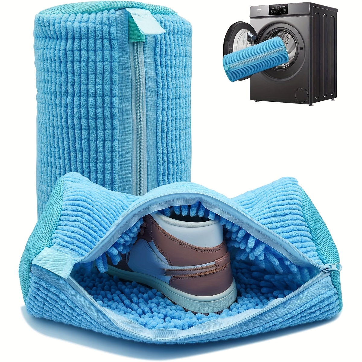 Fluffy Fiber 360° Surround Cleaning Shoe Washing Bag - Reusable Durable Machine-Washable Laundry Bag with Zipper Closure(1pc)