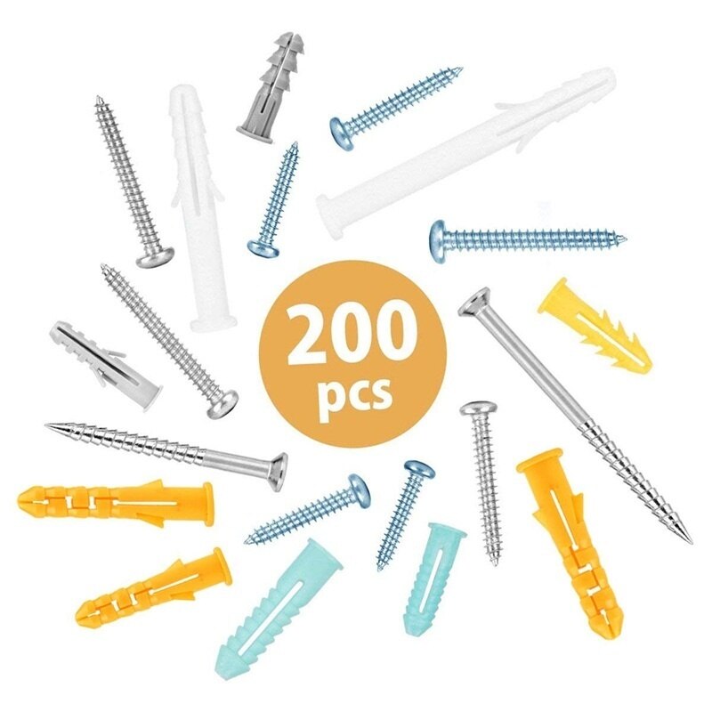 200Pcs Anchors Tapping Screws M6 M8 M10 DIY Expansion Drywall Wall Raw Plugs Plastic Rubber Plug Fixings Screw Set