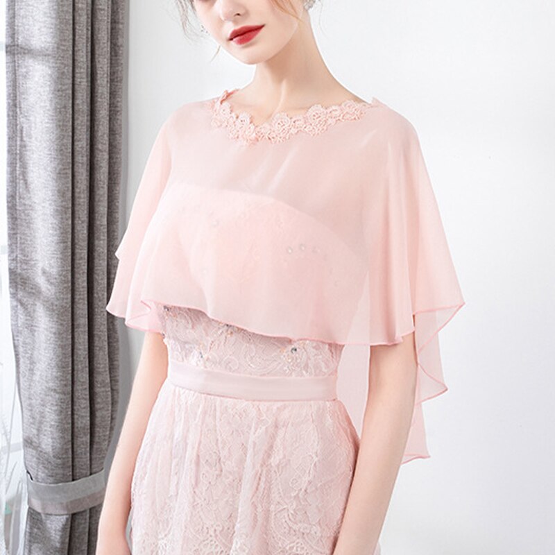 Cape en mousseline de soie pour femmes, châle doux et léger pour mariée, col rond, longue tenue de soirée: Pink