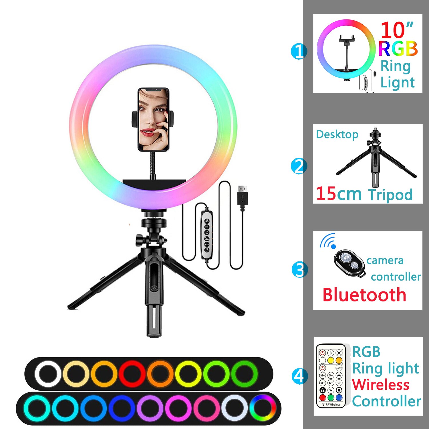 10in Led Kleur Selfie Ring Licht Rgb Fotografie Ringlicht Cirkel Vullen Licht Statief Lamp Telefoon Standhouder Trepied Make-Up: 15cm Adjustable