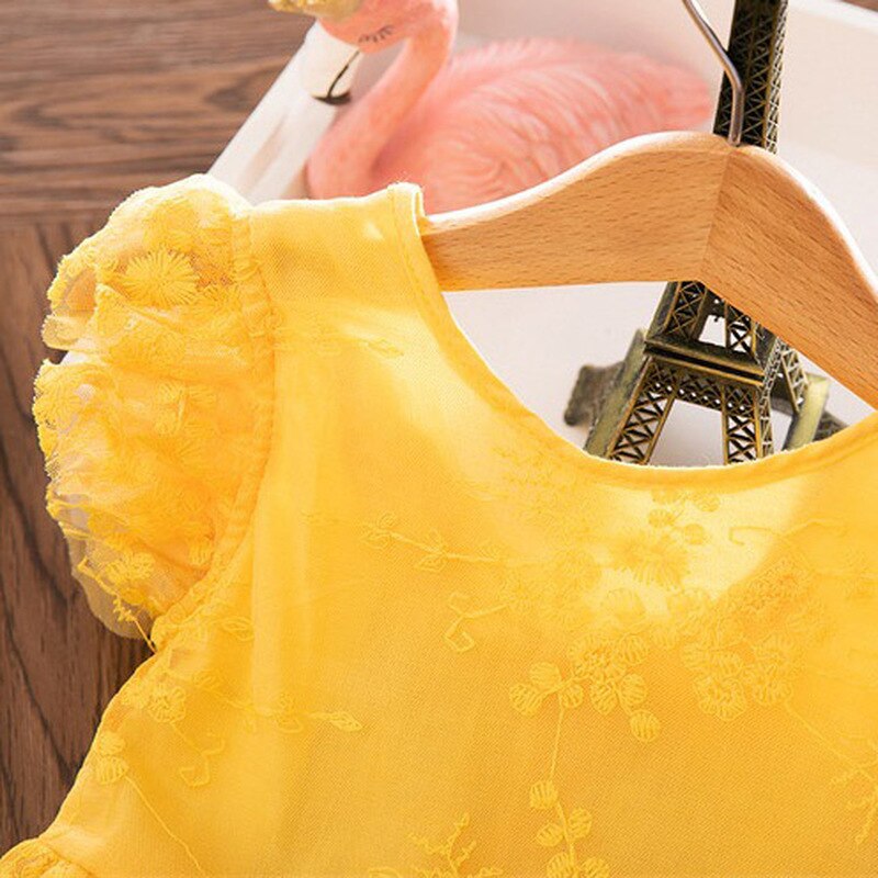 Vestidos para niñas con bordado de flores y encaje, vestido de princesa informal, vestidos amarillos sin mangas de verano para niñas de 2 a 7 años