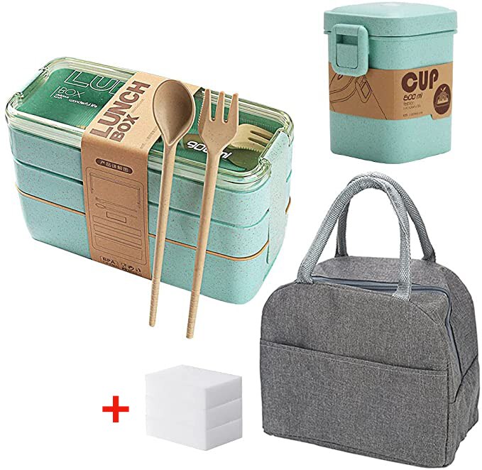 3 Layer Wheat Straw Lunch Box with Bag Japanese Microwave Bento Box with Fork Spoon Food Container for Student Office Staff: 1set green A