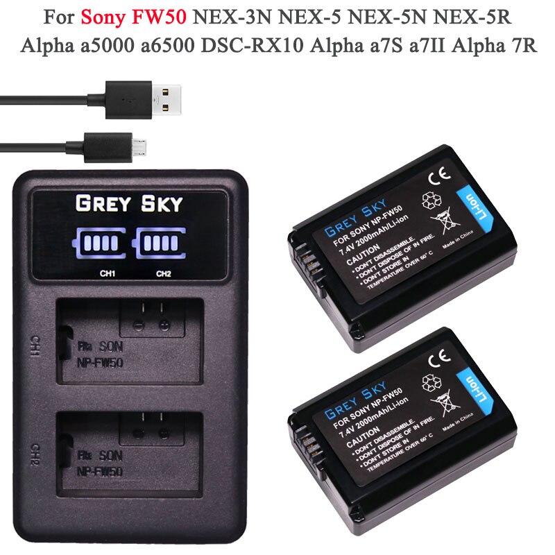 2000 mah np -fw50 np fw50 batterij-accu voor sony nex -3n nex -5 nex -5n nex -5r nex 2 alpha  a5000 a6500 dsc -rx10 alpha  a7s a7ii alpha 7r: Pakket 8