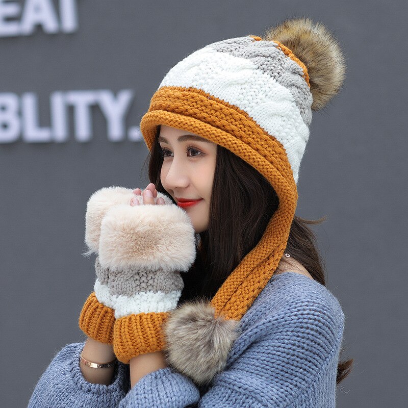 Chapéu feminino e luvas conjunto para mulher chapéu de inverno de lã kitted chapéus para mulher chapéu conjunto de luvas gorro acessórios de inverno: yellow