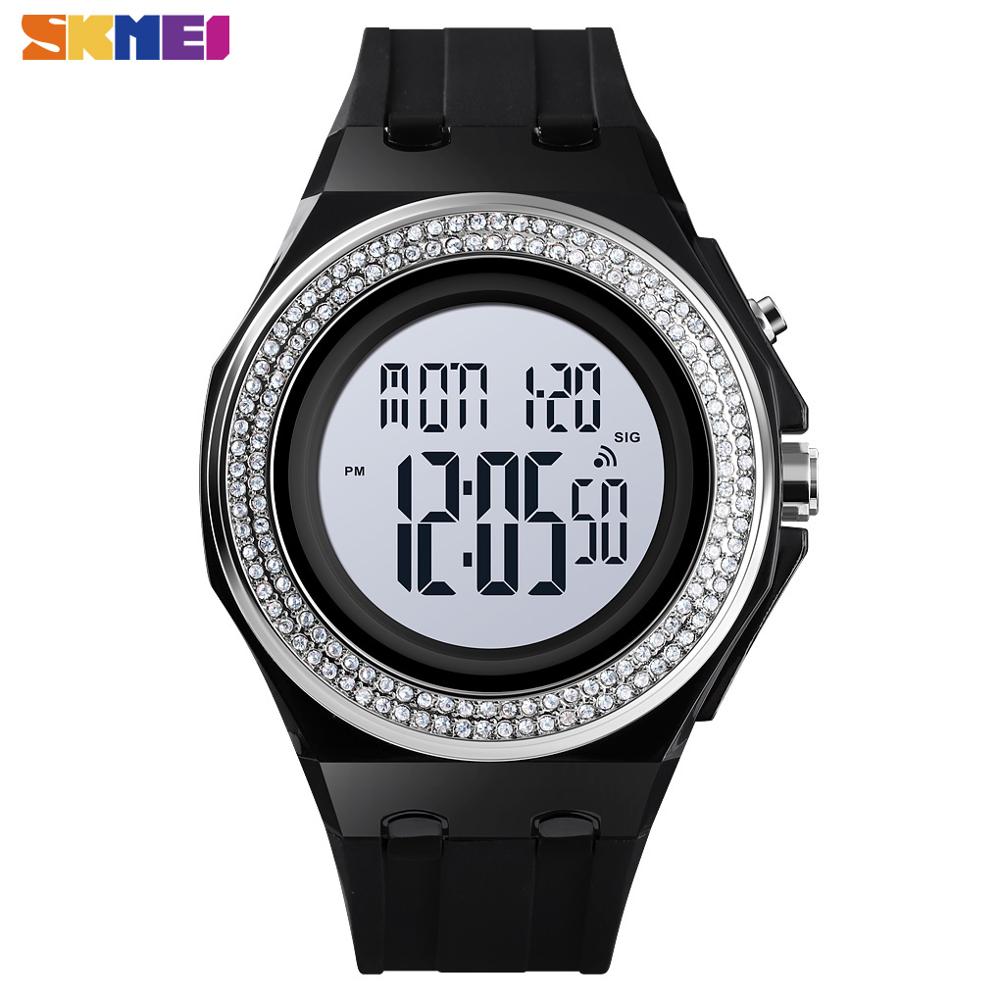 Skmei dreng pige teenager ure led digitalt armbåndsur mænd kvinder diamant gennemsigtig urkasse ur 2 tid reloj 1598: Sort hvid
