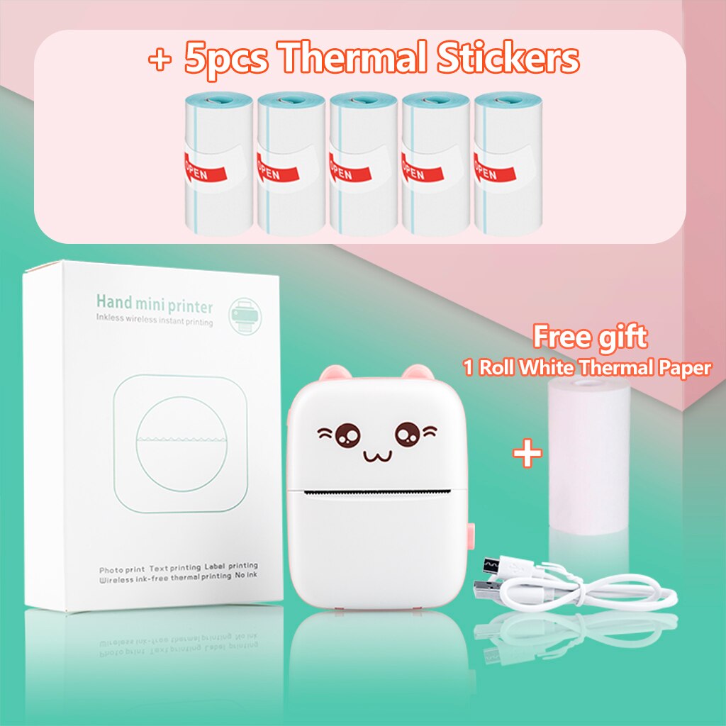 Portable Thermal Printer Paper Photo Pocket Cat Thermal Printer 57mm Printing Wireless Bluetooth Android IOS Printers For Child: Pink 5 Stickers